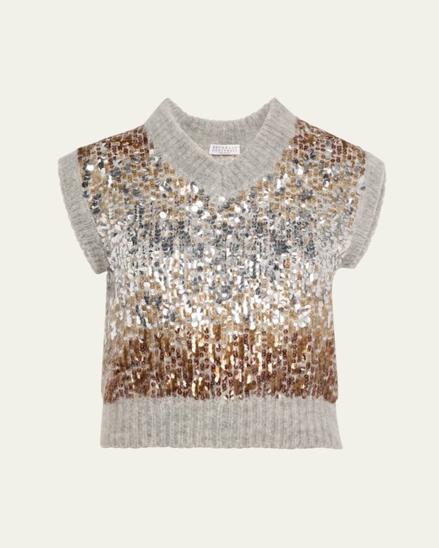 Multi-Size Degrade Pailette Mohair V-Neck Sweat